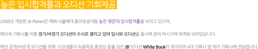 높은 입시합격률과 오디션 기회제공
2008년 개원한 JB PlaNet은 매해 서울예대.동아방송대등 높은 명문대 입시합격률을 보이고 있으며,
메이져 기획사를 비롯 정기/비정기 오디션이 수시로 열리고 있어 입시와 오디션을 동시에 준비 하시기에 최적화 되어있습니다.
매년 공개/비공개 오디션을 위해  수강생들의 녹음파일,동영상 등을 담은 JB'오디션 White Book이 제작되어 4대 기획사 및 여러 기획사에 전달됩니다.